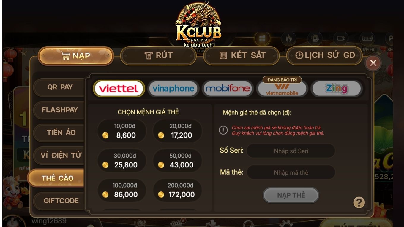 Nạp tiền KCLUB qua thẻ cào điện thoại