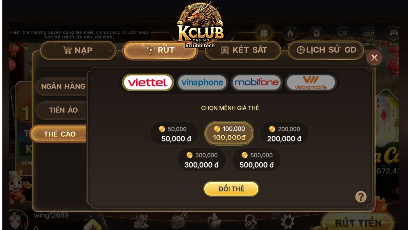 Rút tiền KCLUB qua thẻ cào điện thoại