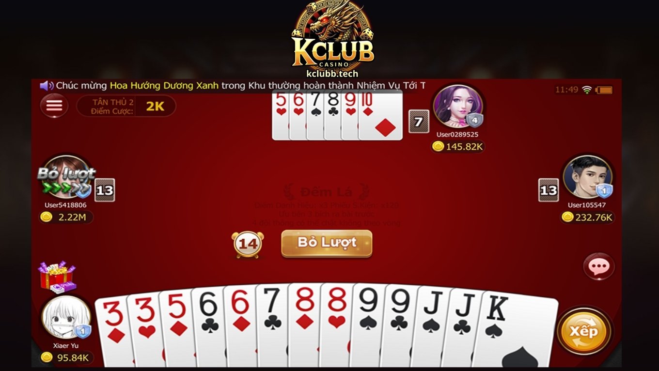 Tiến lên miền nam được chơi nhiều tại game bài KCLUB